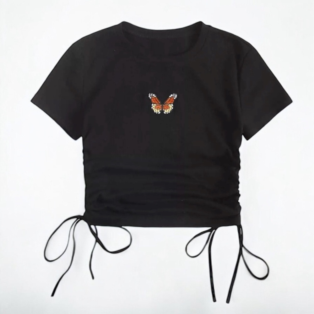 🦋SweatyRocks Women's Butterfly Embroidered Short Sleeve Ruched Drawstring Crop